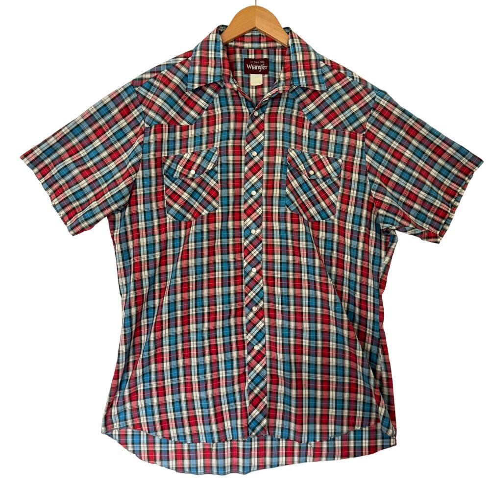 Vintage Wrangler Plaid Button Front Shirt Sz Lrg Tall Western Cowboy Ranch Style